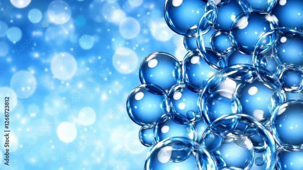 Poster abstract blue spheres on a bright bokeh background. close up view of spherical shapes reflecting lig