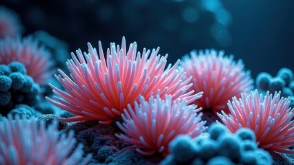 Close-up of glowing underwater coral with bioluminescent anemones in deep sea	