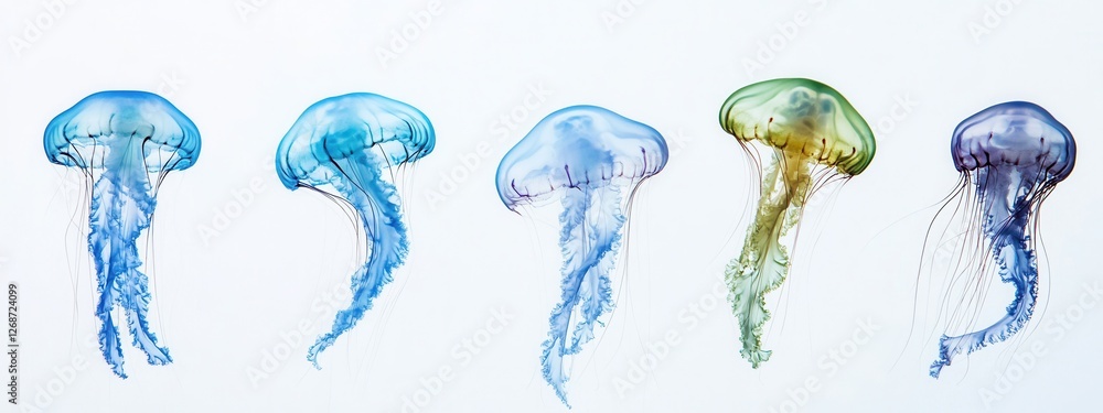 Poster graceful and colorful jellyfish floating in calm ocean waters with transparent tentacles