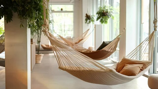 In a bright and airy office, cozy hammocks hang suspended, inviting employees to unwind. Soft cushions offer comfort, while plants add a touch of nature to this rejuvenating space.
