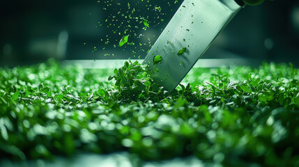 Precision slicing of fresh herbs by a skilled chef in a culinary workspace setting