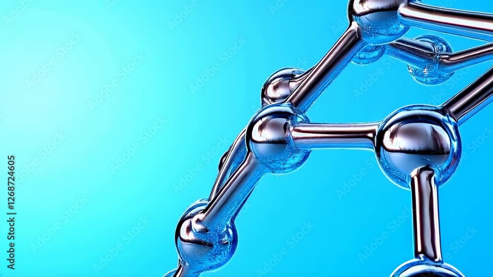 Poster abstract 3d rendering of a metallic molecular structure against a vibrant blue background. clean lin