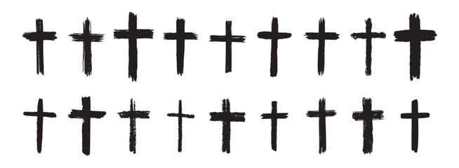 hand drawn grunge cross black bold icons set. Christian cross signs collection, cross symbols created with real ink brush isolated on white background.