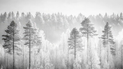 A forest background image showcasing a black-and-white photograph of an expansive Scandinavian forest, with tall trees covered in frost against the backdrop of a hazy sky