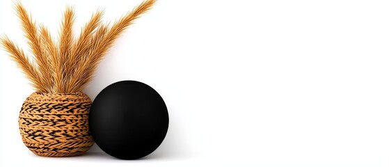A decorative arrangement featuring a woven vase filled with dried wheat and a smooth black sphere, highlighting a minimalist aesthetic.