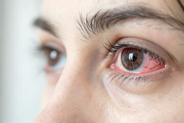  A close-up of an eye affected by conjunctivitis, displaying redness and irritation due to the infection.