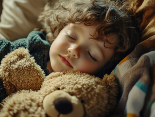 A small child cuddled up with a stuffed teddy bear