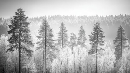 Fototapeta premium A forest background image showcasing a black-and-white photograph of an expansive Scandinavian forest, with tall trees covered in frost against the backdrop of a hazy sky
