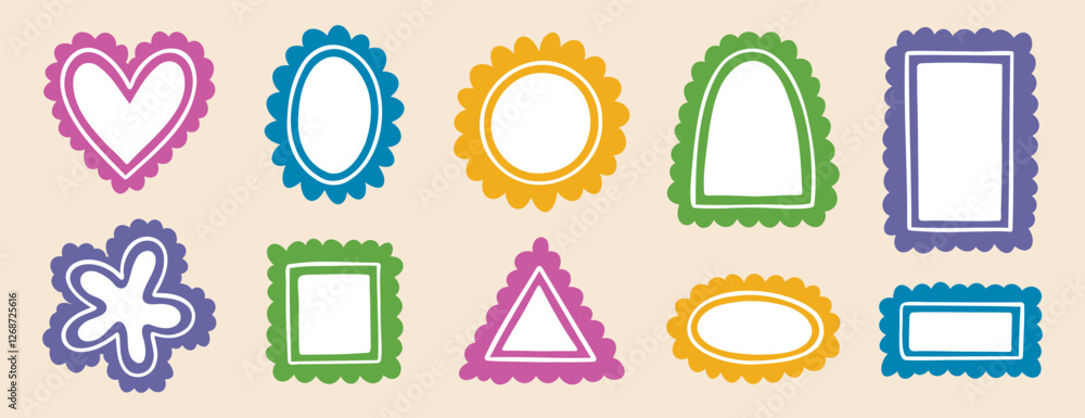 Poster borders empty frames template cute wavy line doodle set. round shape, heart square rectangle arch tr