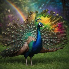 Obraz premium A peacock with rainbow-colored wings dancing in an enchanted meadow.