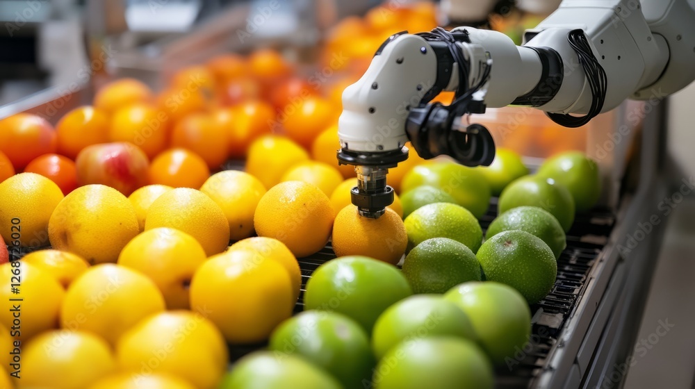 Poster robotic arm picking citrus fruit in factory setting. automated process of fruit selection and sortin