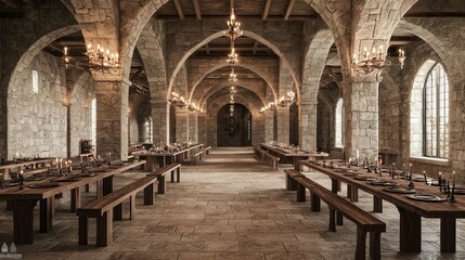 Fototapeta premium Grand Medieval Hall with Stone Architecture and Wooden Tables