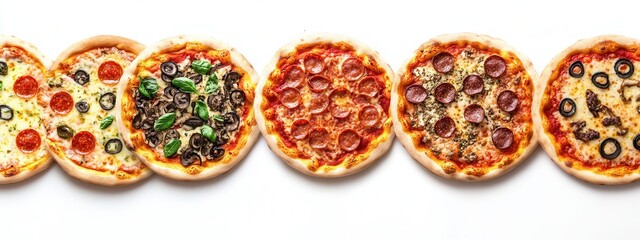 Delicious Assortment of Various Pizzas Displayed on a White Background for Culinary Delight