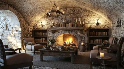 Obraz premium Cozy Medieval Sitting Room with Stone Walls and Warm Fireplace