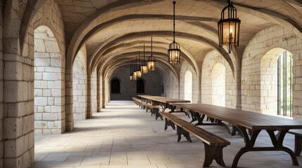 Fototapeta premium Medieval Castle Hall with Long Tables and Elegant Lantern Lighting