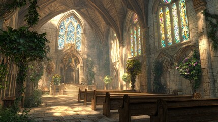 Fototapeta premium Serene Medieval Chapel Interior with Stone Architecture and Pews