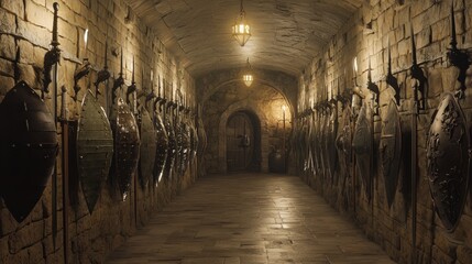 Fototapeta premium Medieval Armory Hall with Long Rows of Shields and Weapons