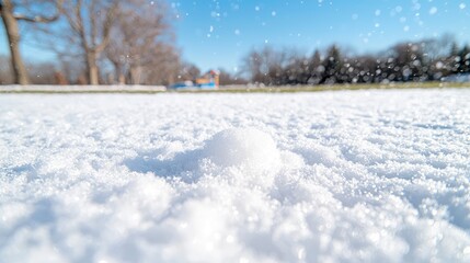 Closeup of snow in park on sunny day. Possible use nature background