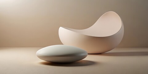 Abstract Sculptures, Minimalist Design, Studio Lighting, Smooth Surfaces, Pale Palette