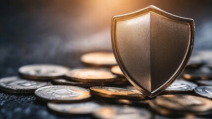 Shield Protecting Money And Coins. Safety Concept For Investments And Finance. Financial Security And Protection.