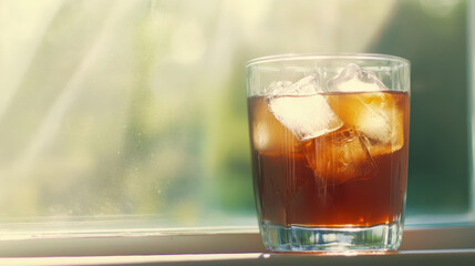 Refreshing Iced Coffee in Sunlit Glass with Ice Cubes on Blurred Nature Background