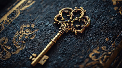 Intricate antique key resting on textured background revealing its mysterious past