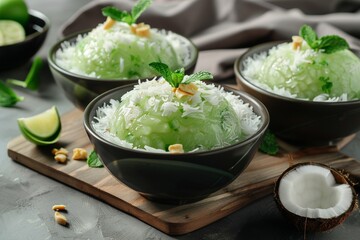 Es cendol or lod chong is a sweet ice dessert made from pandan short vermicelli with coconut milk