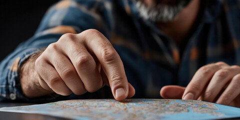 Close Up of Male Hand Navigating Map with Intent Focus on Travel Exploration