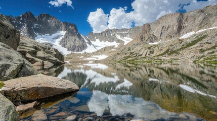 Serene Mountain Lake Reflecting Majestic Peaks Under a Blue Sky
