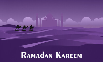 Obraz premium A serene Ramadan-themed design featuring silhouettes of camels and a rider crossing desert dunes in purple hues, with a mosque silhouette in the background.
