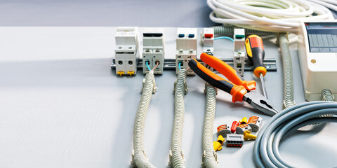 Electrical component, equipment and tools. Banner with copy space.