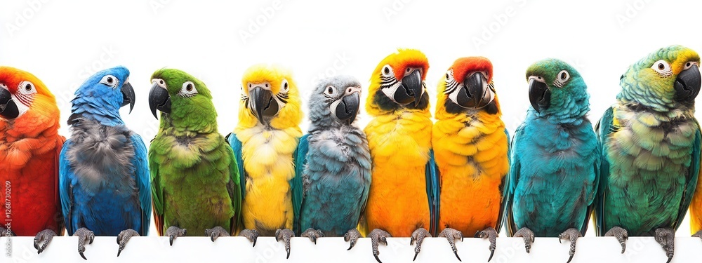 Poster vibrant colorful parrots on a perch displaying diversity in feather patterns and hues