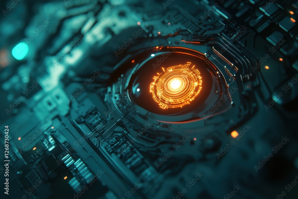 Poster robotic eye glows softly amid intricate circuits in a futuristic design highlighting advanced techno