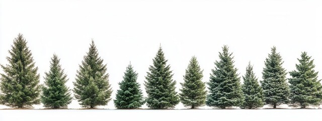 Obraz premium Row of Lush Green Pine Trees Against Bright White Background for Stock Photography