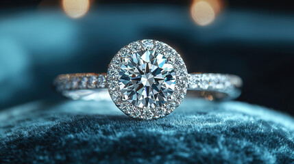 Fototapeta premium Close-up view of a sparkling diamond ring showcasing luxury and elegance on soft velvet