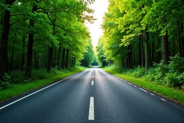 Fototapeta premium Asphalt Pathway Through Lush Green Forest Canopy, Sunlight Streaming Through Leaves, Tranquil Journey Ahead