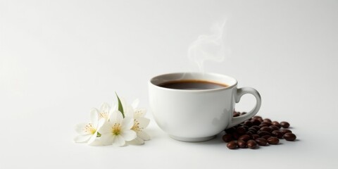 Aromatic Coffee Cup with Delicate White Blossoms and Roasted Coffee Beans on a Pristine White Surface