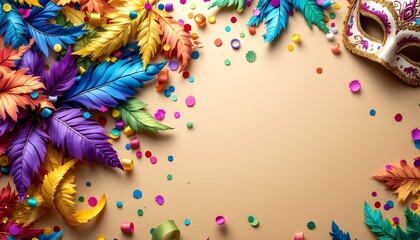 Máscaras de carnaval y confeti sobre fondo beige