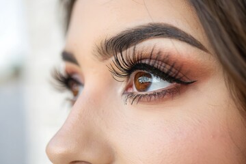 Obraz premium A close-up of an eye with long, dark lashes, enhanced by subtle makeup that accentuates its natural beauty.