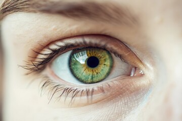 Fototapeta premium A close-up of a green eye with a subtle hint of heterochromia, where there is a slight difference in color within the iris.