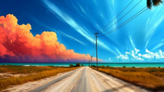 A scenic coastal road stretches toward a calm ocean under a vibrant sky with contrasting orange and blue clouds. A sandy path borders the road, with