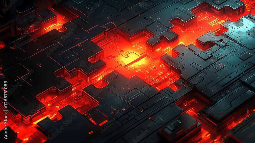 Poster abstract red orange digital circuit board texture 3d dark grid tech