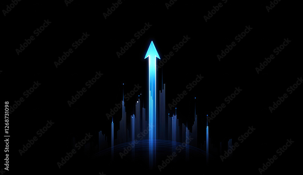Poster abstract blue arrow ascending through data points on a black background representing growth and prog