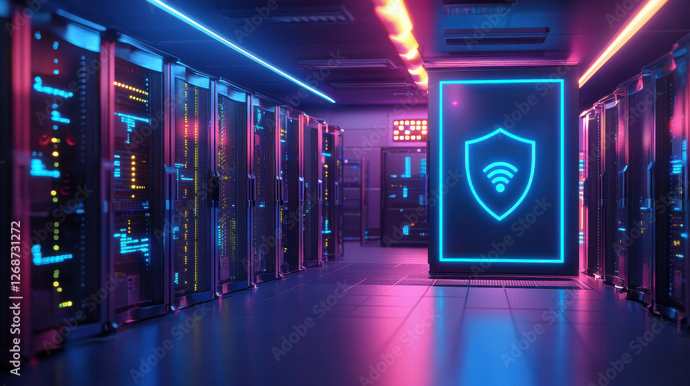 Poster high-tech server room with neon firewall security icons and cyber protection visualization
