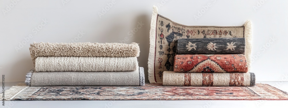 Poster Stylish Display of Colorful Woven Rugs and Textiles Arranged Neatly on a Light Surface