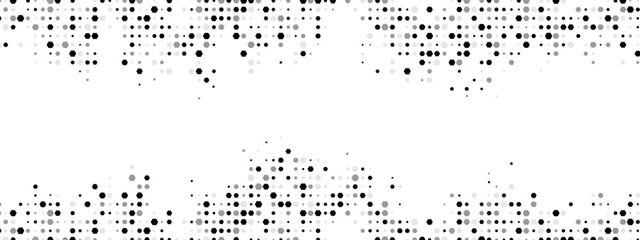 Dynamic halftone geometric frame: chaotic hexagons, particles, and fragments create a textured, cellular network design. Perfect for business, tech, and medical posters. Vector illustration