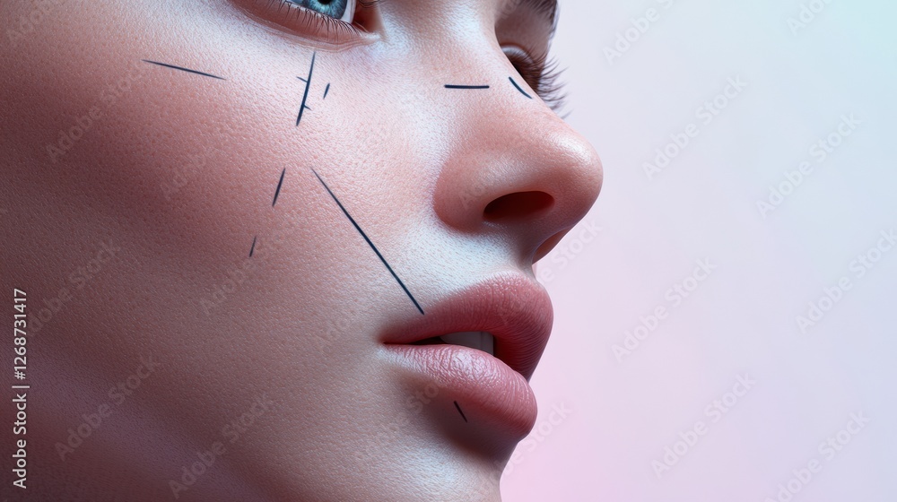 Leinwandbilder a close up view of a human face with artistic lines showcasing beauty and modern aesthetics in a sof