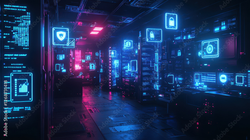 Poster high-tech server room with floating neon security icons illustrating cyber protection