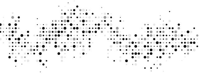 Dynamic halftone geometric frame: chaotic hexagons, particles, and fragments create a textured, cellular network design. Perfect for business, tech, and medical posters. Vector illustration