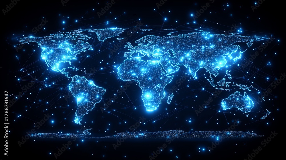 Poster global network digital world map blue connections data dark mesh tech